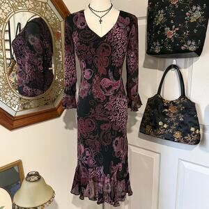 VTG Y2K Newport News Black & Purpe Floral Paisley Mid Sleeve Whimsy Midi Dress 4